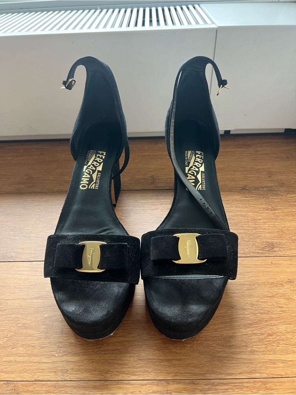 Salvatore Ferragamo Vara Bow Black Suede Platform Heels 9.5B